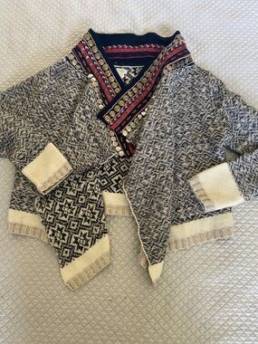 Women's Black & Cream Patterned Open Cardigan with Embroidered Trim